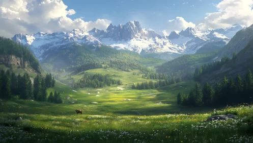 Sunlit alpine valley unfolds before towering glaciated peaks