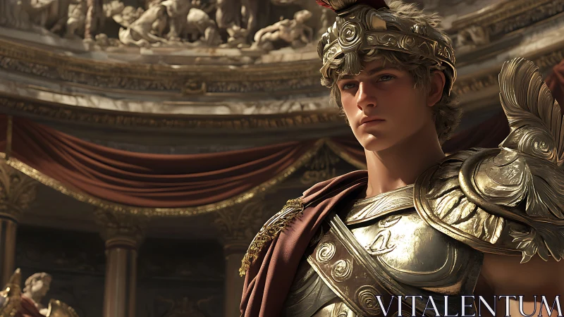 Golden-armored young warrior stands in a grand marble hall