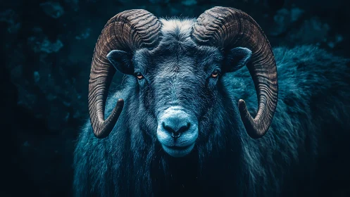 Ram portrait under cool teal light with curved horns