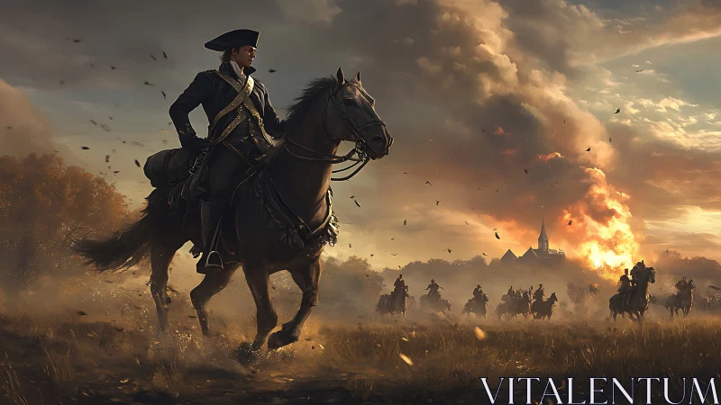 Gallant rider leads a determined cavalry through smoky dusk.