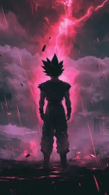 Backlit spiky-haired warrior under magenta storm lightning