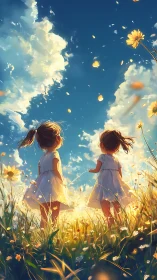 Two young girls stand in glowing meadow under expansive sky