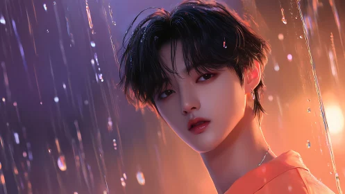 Backlit digital portrait of youth in refracted rainfall glow.