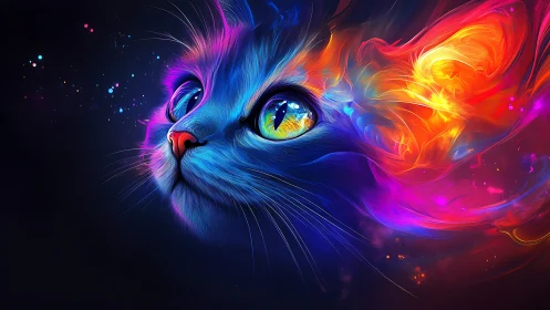 Iridescent Feline Portrait with Chromatic Energy Waves