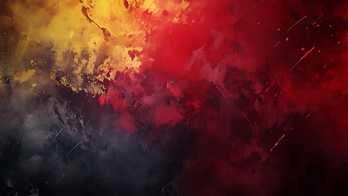 Dramatic abstract painting with bold red, yellow, and black tones.