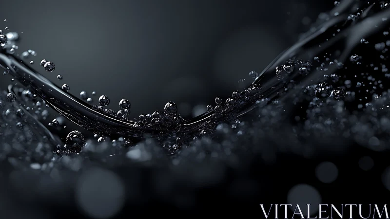 Orbital ink droplets surfing a midnight metallic wave.