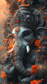 Detailed digital Ganesha figure with orange floral accents.