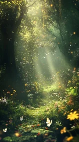 Enchanted Forest Path: Golden Sunlight Through Ancient Trees.
