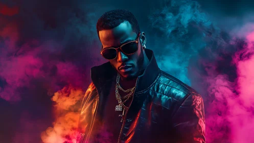 Neon-lit portrait of stylish man in black leather jacket