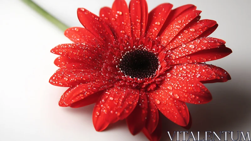 Bright red gerbera daisy glows with fresh dewdrop sparkle