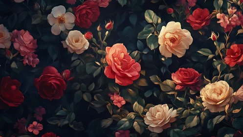 Garden's Hidden Romance: Roses in Twilight Bloom.