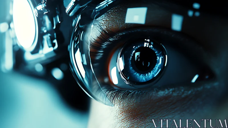 Cybernetic blue eye reflects luminous augmented reality HUD