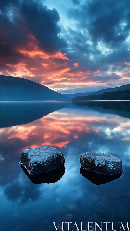 Twilight lake panorama with glowing clouds and icy stones.