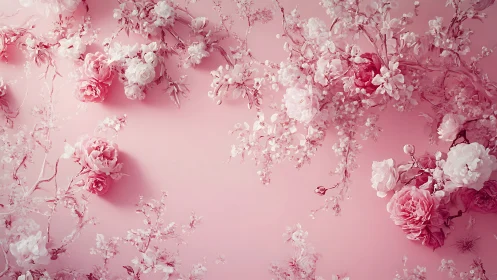 Cascading Pink and White Flowers on Soft Rose Background.