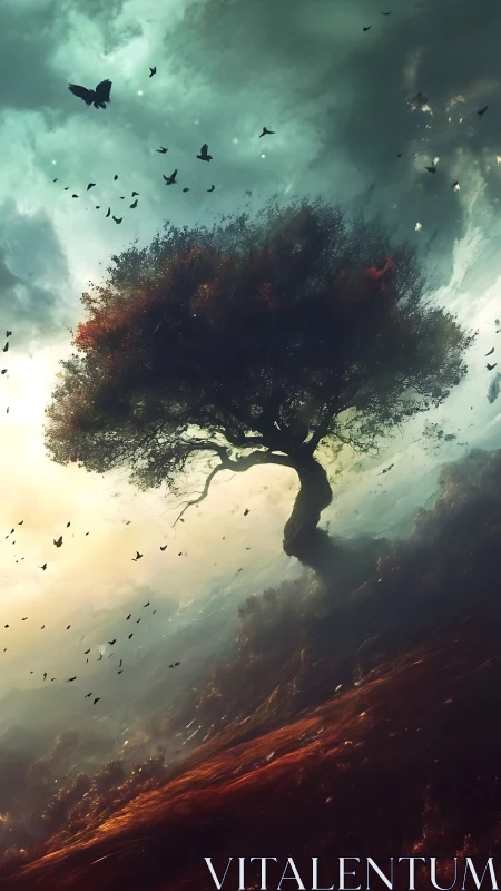 Solitary wind-bent tree amid turbulent sky and diagonal terrain