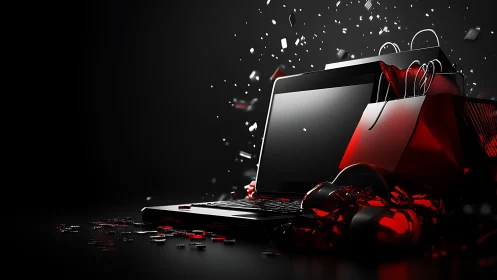 Laptop and shopping bags with red accents on dark background.