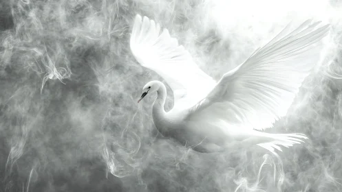 White swan in mid-flight against swirling gray mist.