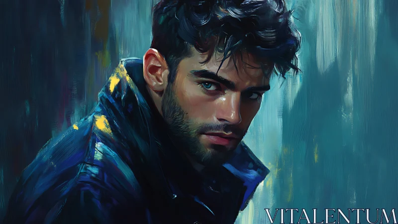Digital painting portrait with moody teal background and glossed jacket.