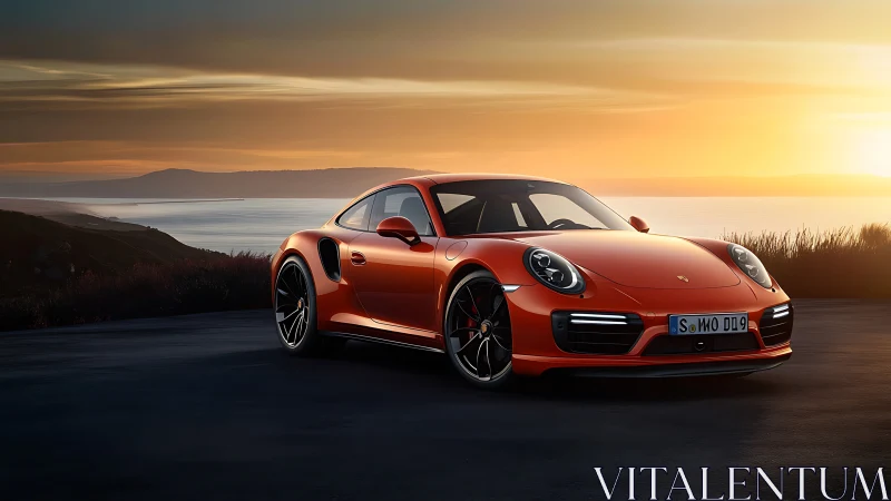 Sunset coast drive with a sleek red sports car glow.