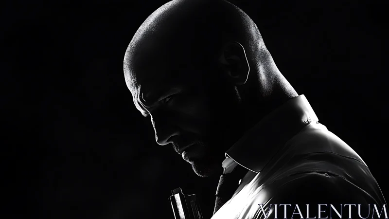 Hitman silhouette profile under stark rim lighting. Period.
