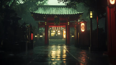Rainlit shrine gateway glowing softly in the quiet night.