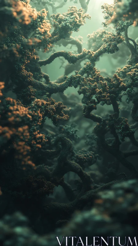 Submerged coral forest twists through hazy teal light shaft