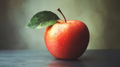 Red apple with leaf on grey surface under soft lighting.