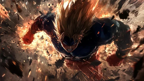 Muscular hero charges forward through fiery explosion