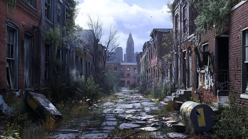 Abandoned brick alleyway converges toward distant modern skyline