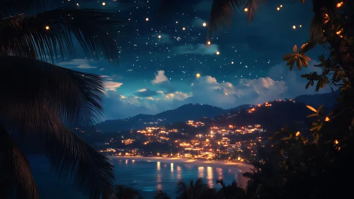 Coastal hillside town at night viewed through palm fronds.