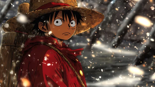 Straw-hatted wanderer in red cloak amid drifting embers.