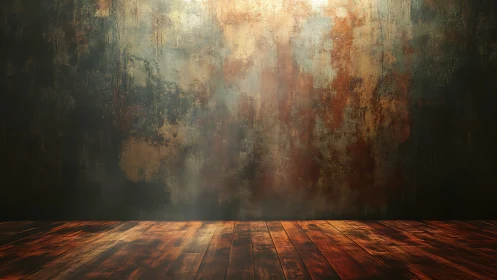 Rust-streaked studio wall over warm wooden floorboards.