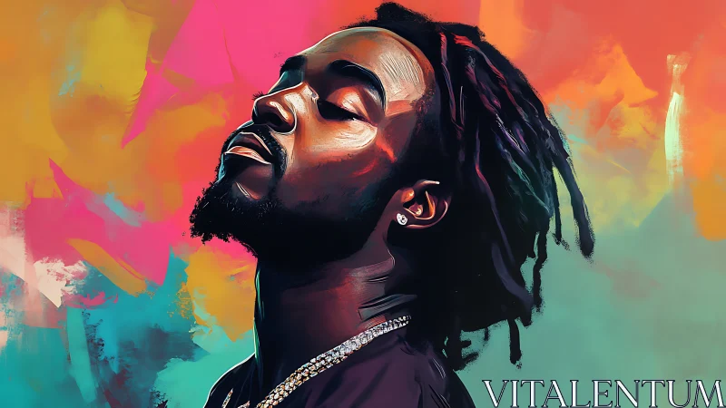 Digital painting portrait with chromatic abstract gradient field.