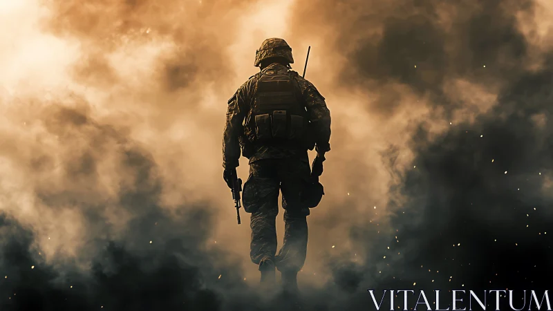Photorealistic soldier silhouette in cinematic battle smoke field.