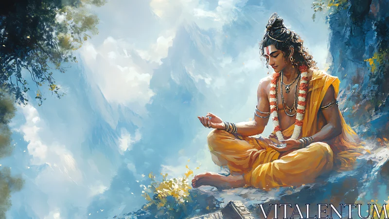 Digital painting of meditative sage in luminous mountain shrine.