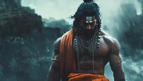 Storm-soaked warrior sage bows beneath roaring monsoon sky.