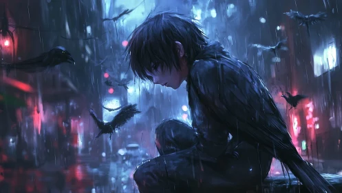Rain-soaked crow prince brooding in neon sorrowed alley.