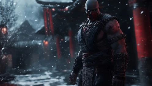 Armored warrior with glowing eyes stands in snowlit temple courtyard