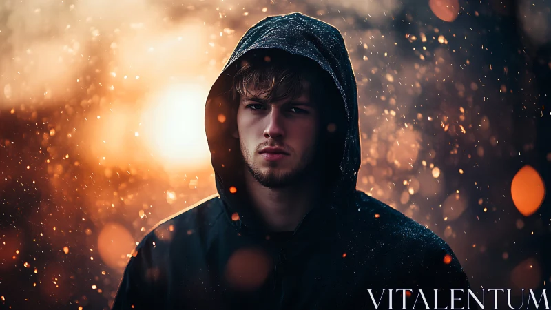 Hooded male portrait in bokeh-saturated low light environment.