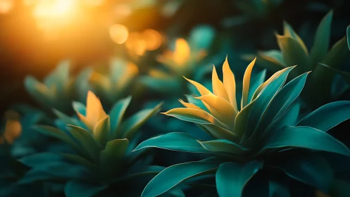 Golden light gently warms glowing green succulent leaves