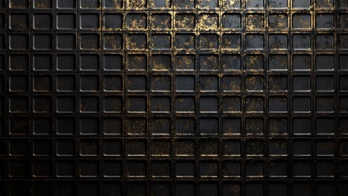 Textured black metal grid with distressed golden patina.