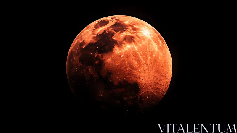Red illuminated moon with detailed craters in space.