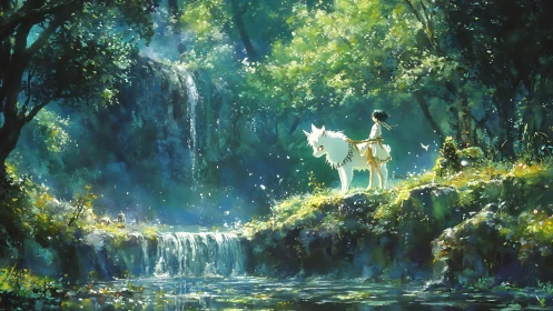 Anime forest tableau with girl and white wolf by waterfall.