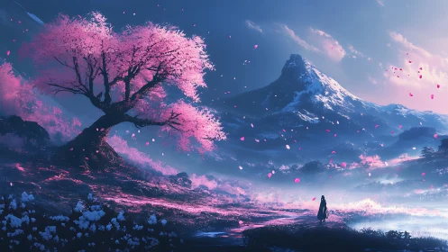 Solitary wanderer stands beneath luminous cherry tree