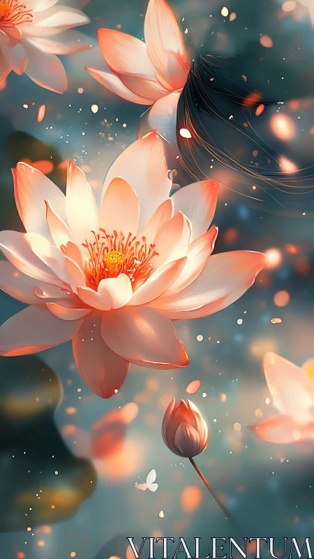 Luminous lotus blossoms drift through soft teal bokeh glow.