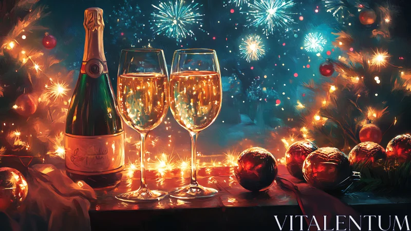 Festive champagne glasses amid fireworks and warm lights.