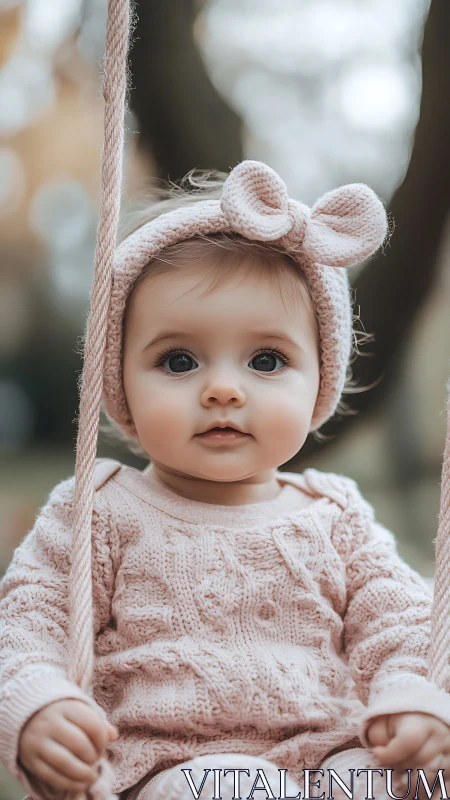Baby on outdoor swing wearing soft knitted pink outfit