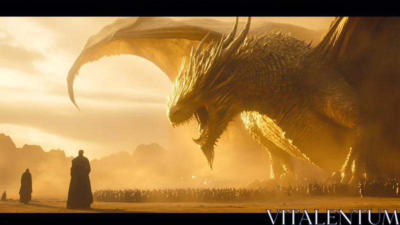 Golden war dragon roars above an army at burning sunset