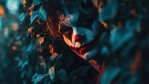 Clown painted face emerges from dense foliage in low light