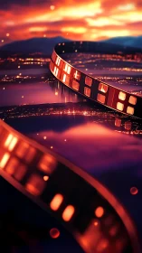Cinematic film strip over neon city at sunset glow.